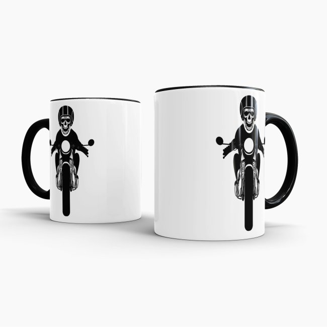 Tasse mit Totenkopf -verschiedene Motive- Innen &amp; Henkel Schwarz mit Motorrad