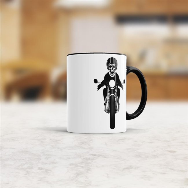 Tasse mit Totenkopf -verschiedene Motive- Innen &amp; Henkel Schwarz mit Motorrad