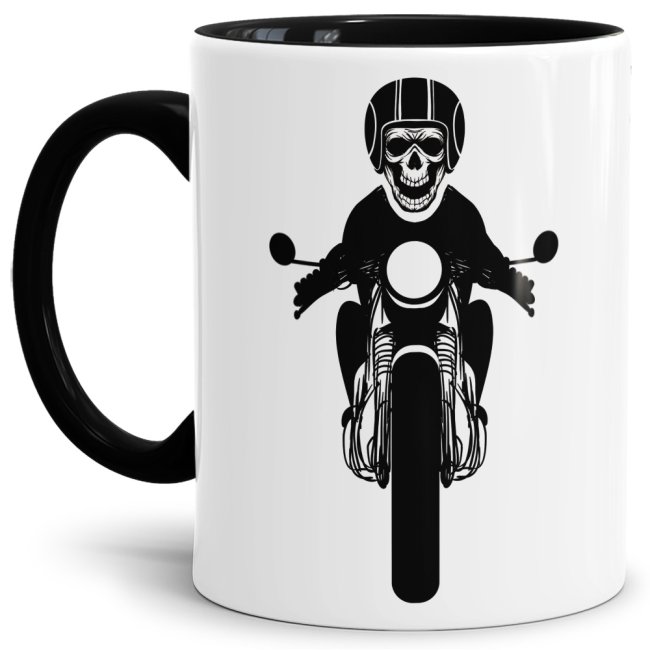 Tasse mit Totenkopf -verschiedene Motive- Innen &amp; Henkel Schwarz mit Motorrad