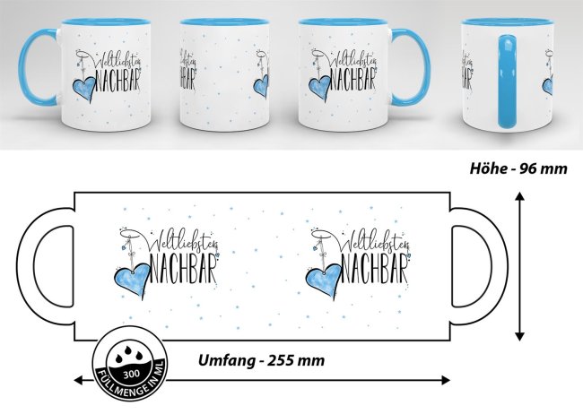 Tasse - Weltliebster Nachbar - Innen &amp; Henkel Hellblau