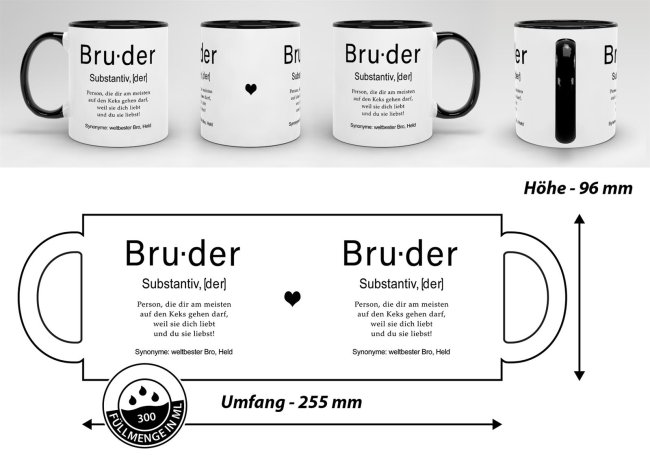 Tasse Dudenw&ouml;rter - Bruder - Innen &amp; Henkel Schwarz