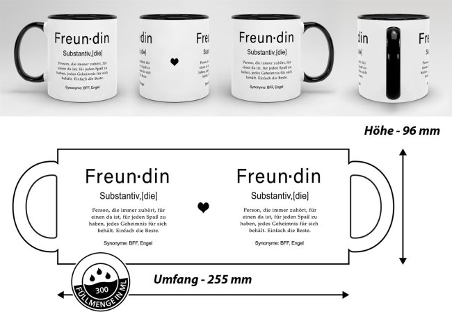 Tasse Dudenw&ouml;rter - Freundin - Innen &amp; Henkel Schwarz