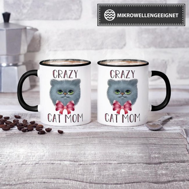 Lustige Tasse mit Katze - Crazy Cat Mom - Schwarz