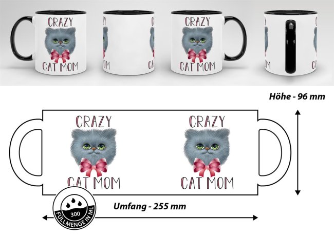 Lustige Tasse mit Katze - Crazy Cat Mom - Schwarz