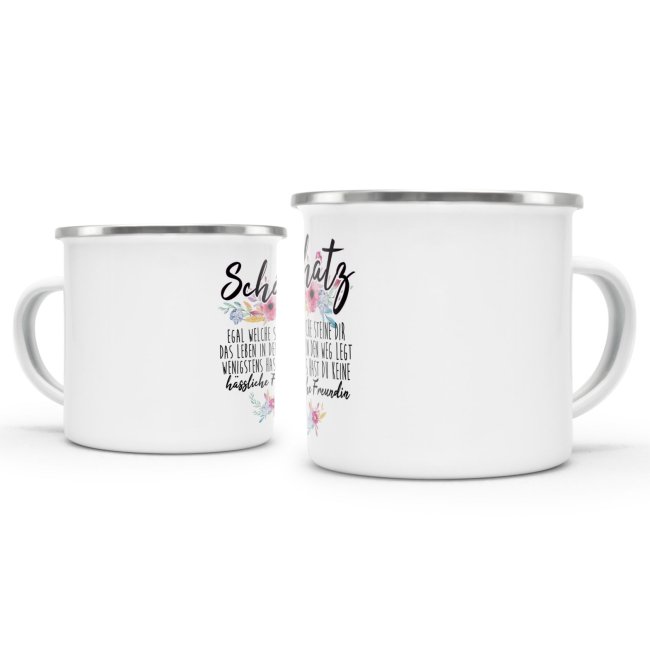 Emaille-Tasse "Schatz - Wenigstens hast du keine h&auml;ssliche Freundin" - klein