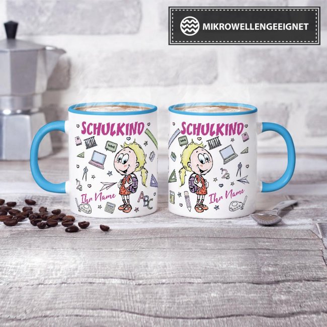 Tasse zur Einschulung - Schulkind M&auml;dchen - Name Innen &amp; Henkel Hellblau