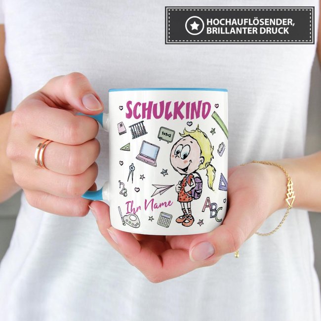 Tasse zur Einschulung - Schulkind M&auml;dchen - Name Innen &amp; Henkel Hellblau