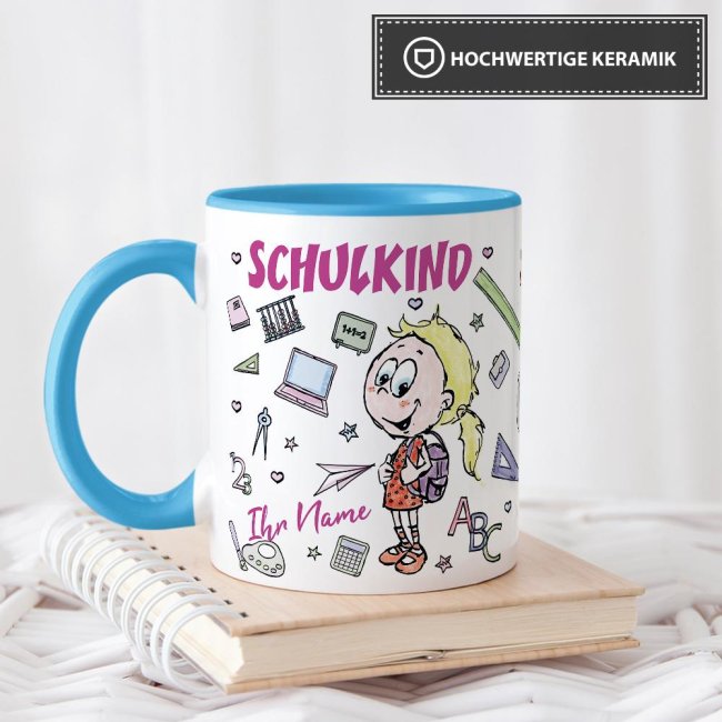 Tasse zur Einschulung - Schulkind M&auml;dchen - Name Innen &amp; Henkel Hellblau