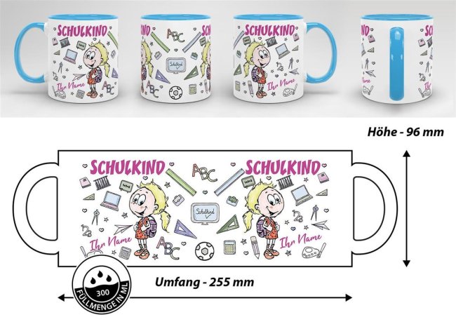Tasse zur Einschulung - Schulkind M&auml;dchen - Name Innen &amp; Henkel Hellblau