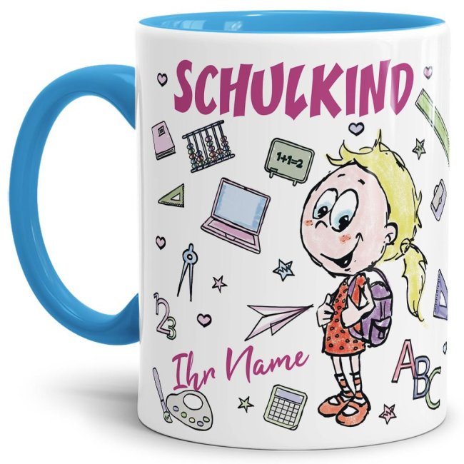 Tasse zur Einschulung - Schulkind M&auml;dchen - Name Innen &amp; Henkel Hellblau