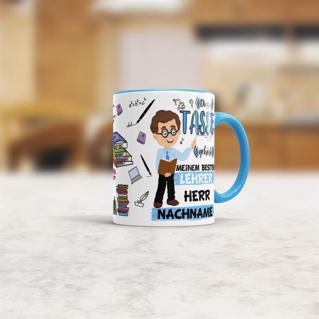 Tasse - Bester Lehrer im Universum - Nachname Hellblau