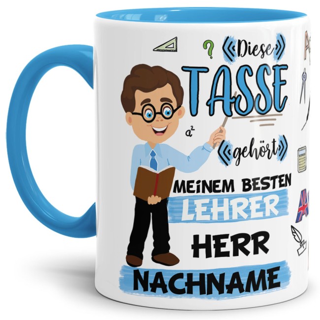 Tasse - Bester Lehrer im Universum - Nachname Hellblau