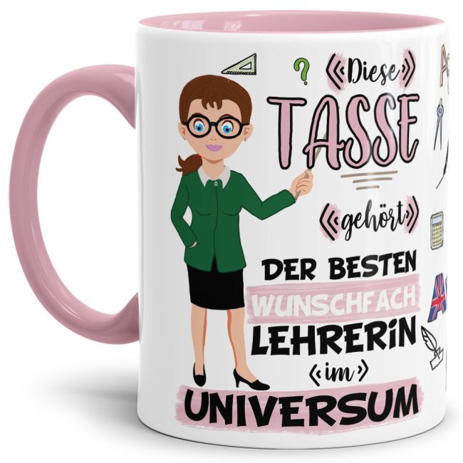 Tasse - Beste Lehrerin im Universum Wunschfach - Br&uuml;nett - Innen &amp; Henkel Rosa