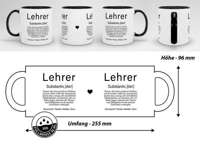Tasse Dudenw&ouml;rter - Lehrer - Innen &amp; Henkel Schwarz