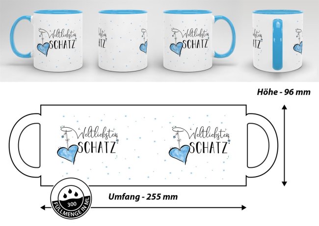 Tasse - Weltliebster Schatz - Innen &amp; Henkel Hellblau