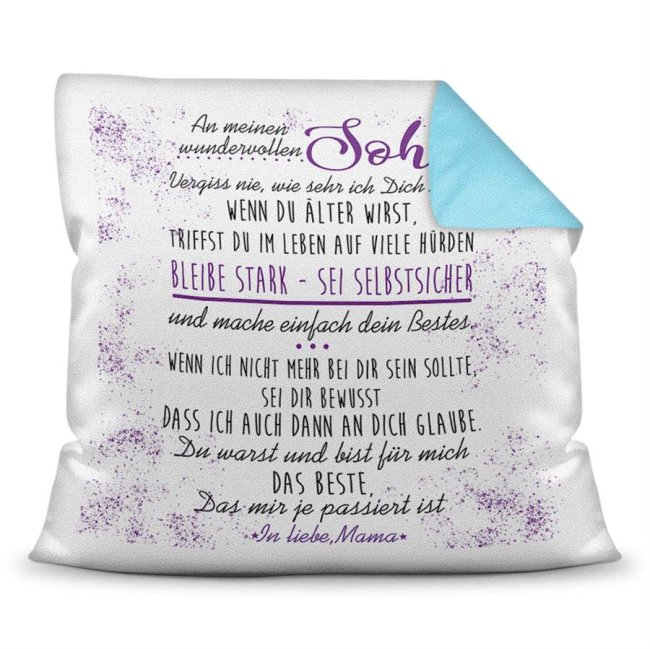 Kissen - Von Mama f&uuml;r Sohn - R&uuml;ckseite Himmelblau