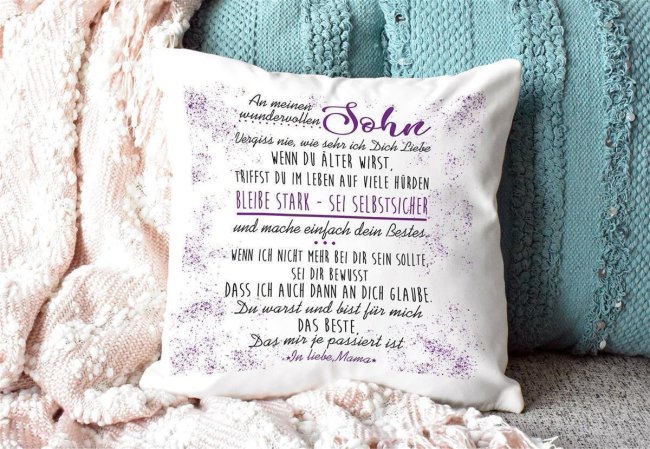Kissen - Von Mama f&uuml;r Sohn - R&uuml;ckseite Himmelblau