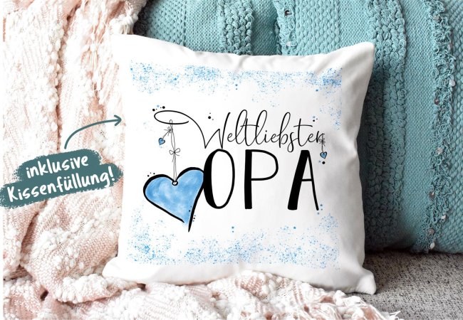 Geschenk-Set - Weltliebster Opa - Kissen und Tasse Hellblau