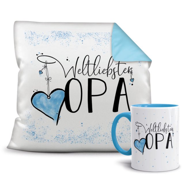 Geschenk-Set - Weltliebster Opa - Kissen und Tasse Hellblau