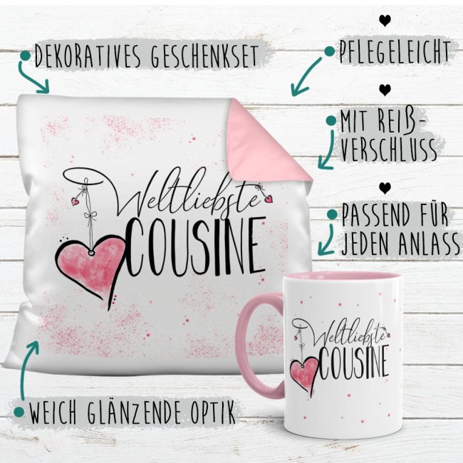 Geschenk-Set - Weltliebste Cousine - Kissen und Tasse Rosa