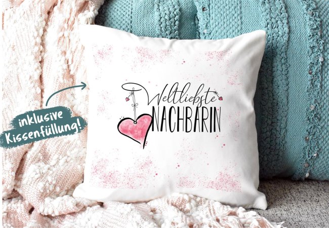 Geschenk-Set - Weltliebste Nachbarin - Kissen und Tasse Rosa