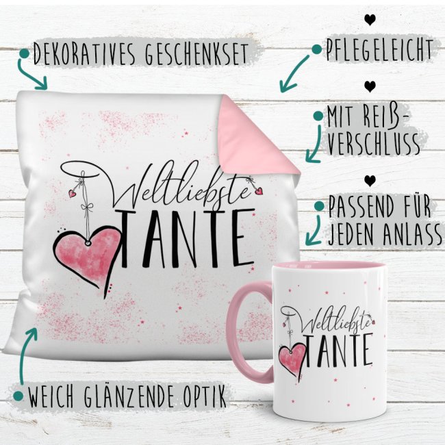 Geschenk-Set - Weltliebste Tante - Kissen und Tasse Rosa