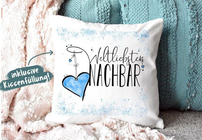 Geschenk-Set - Weltliebster Nachbar - Kissen und Tasse Hellblau