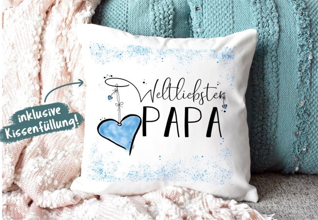 Geschenk-Set - Weltliebster Papa - Kissen und Tasse Hellblau