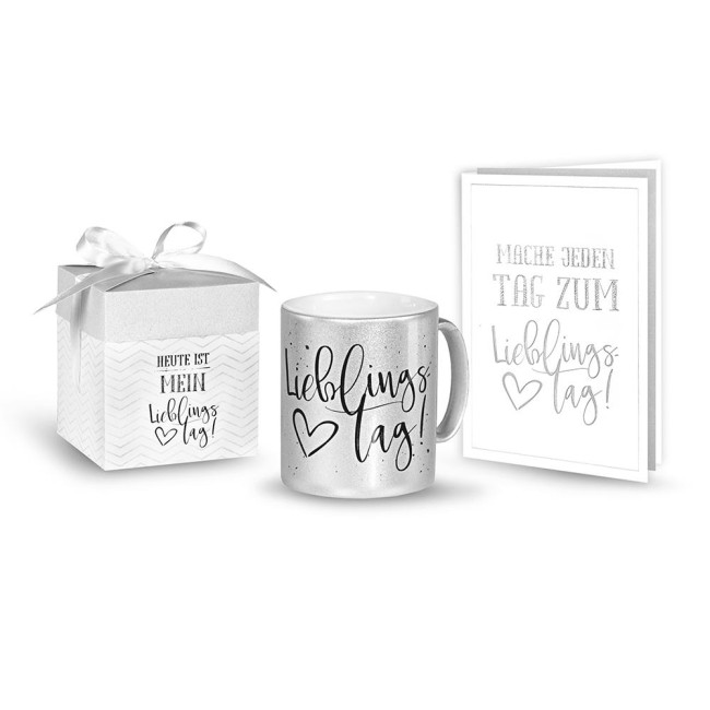 Geschenk-Set aus Spruch-Tasse mit Geschenk-Box und passender Gruß-Karte Lieblingstag 