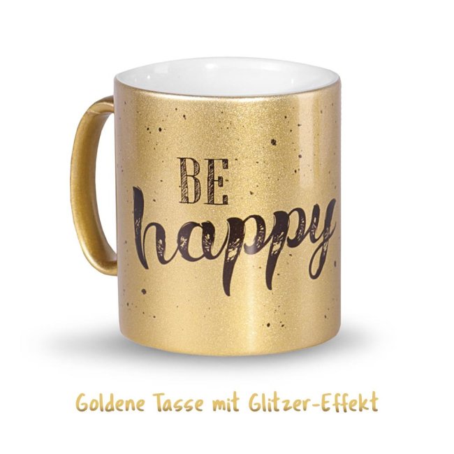 Geschenk-Set aus Spruch-Tasse mit edler Geschenk-Box und passender Gru&szlig;-Karte &quot;Be happy&quot;