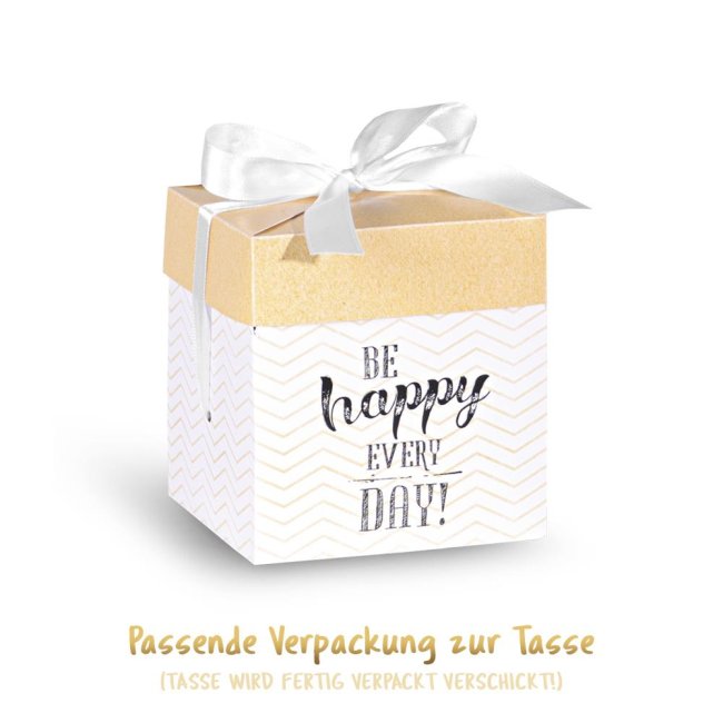 Geschenk-Set aus Spruch-Tasse mit edler Geschenk-Box und passender Gru&szlig;-Karte &quot;Be happy&quot;