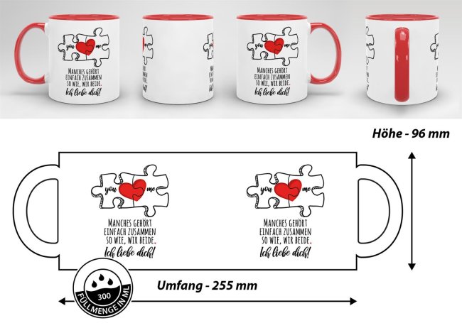 Tasse Puzzleteile &quot;Manches geh&ouml;rt einfach zusammen&quot; Innen &amp; Henkel Rot