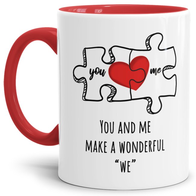 Tasse Puzzleteile &quot;You and Me make a wonderful we&quot; Innen &amp; Henkel Rot