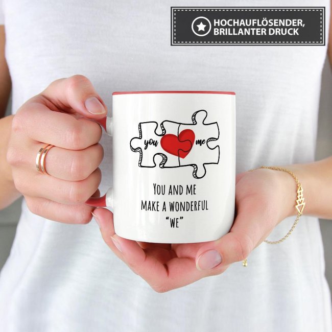 Tasse Puzzleteile &quot;You and Me make a wonderful we&quot; Innen &amp; Henkel Rot