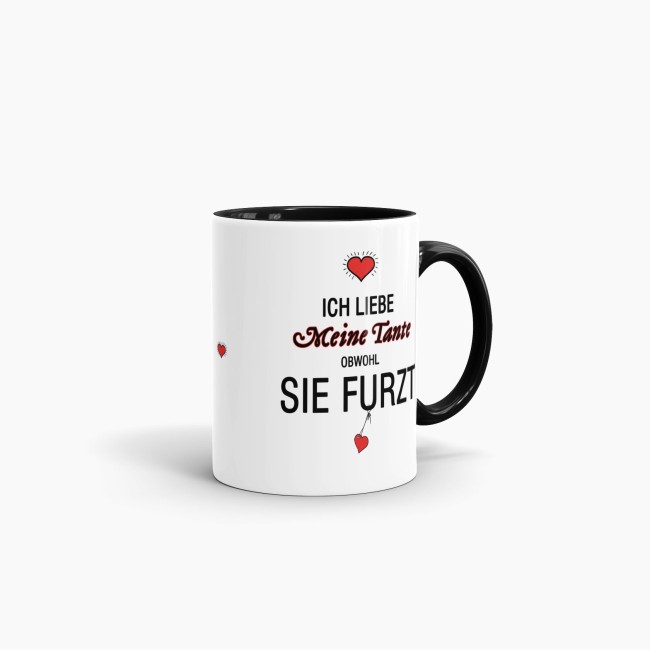 Tasse Liebeserkl&auml;rung &quot;Obwohl du furzt - Tante&quot; - Innen &amp; Henkel Schwarz