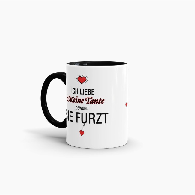 Tasse Liebeserkl&auml;rung &quot;Obwohl du furzt - Tante&quot; - Innen &amp; Henkel Schwarz