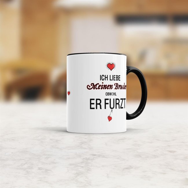 Tasse Liebeserkl&auml;rung &quot;Obwohl du furzt - Bruder&quot; - Innen &amp; Henkel Schwarz