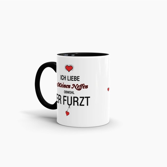 Tasse Liebeserkl&auml;rung "Obwohl du furzt - Neffe" - Innen &amp; Henkel Schwarz