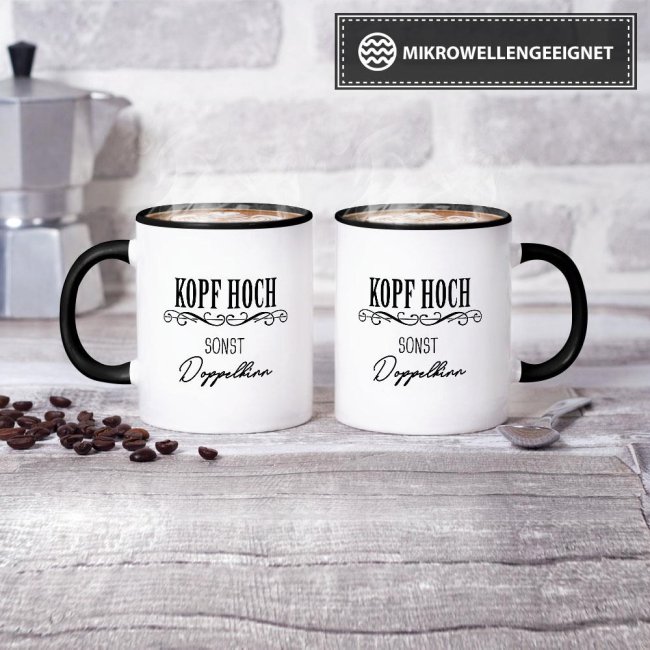 Lustige Tasse "Kopf hoch sonst Doppelkinn" Innen &amp; Henkel Schwarz