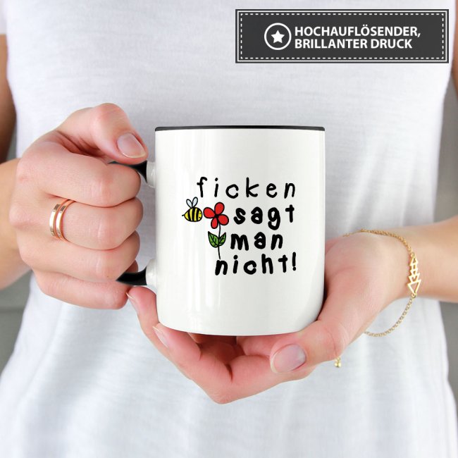 Lustige Tasse "Ficken sagt man nicht" Innen &amp; Henkel Schwarz