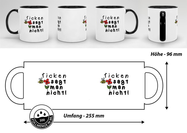 Lustige Tasse "Ficken sagt man nicht" Innen &amp; Henkel Schwarz