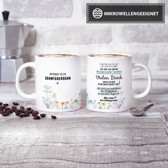 Tasse "Blumen - an Schwiegersohn von Schwiegervater" Wei&szlig;