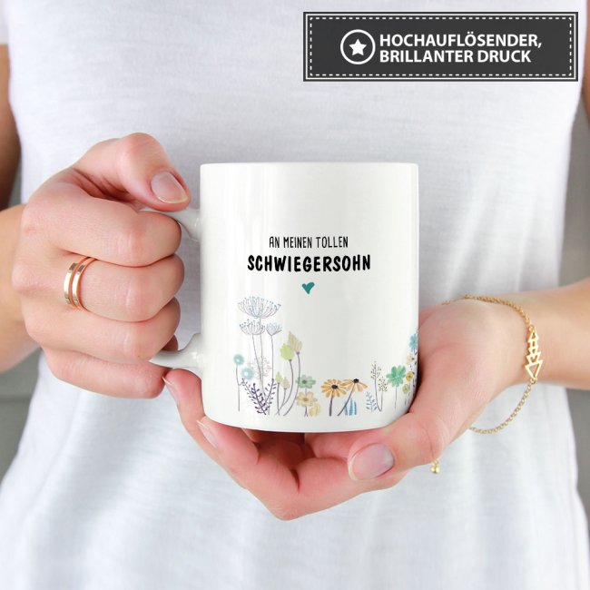 Tasse "Blumen - an Schwiegersohn von Schwiegervater" Wei&szlig;