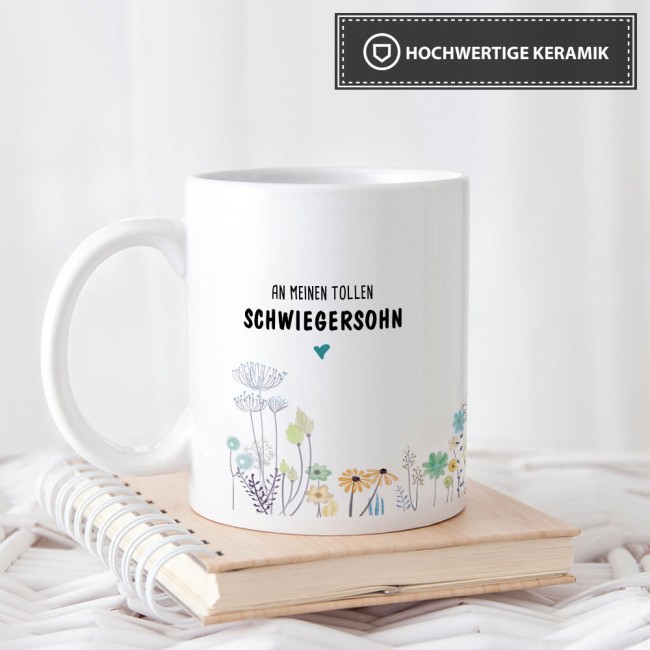 Tasse "Blumen - an Schwiegersohn von Schwiegervater" Wei&szlig;