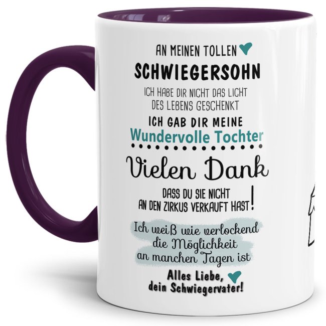 Tasse "Zirkus - an Schwiegersohn von Schwiegervater" Innen &amp; Henkel Violett