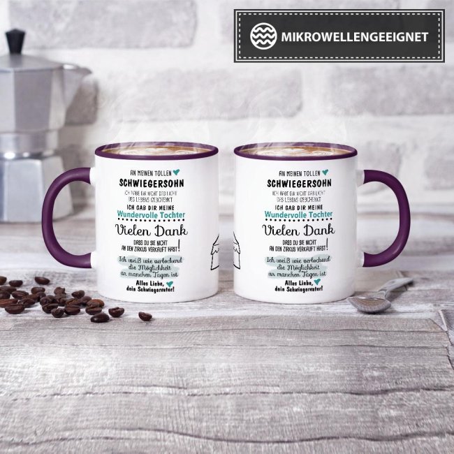 Tasse "Zirkus - an Schwiegersohn von Schwiegervater" Innen &amp; Henkel Violett