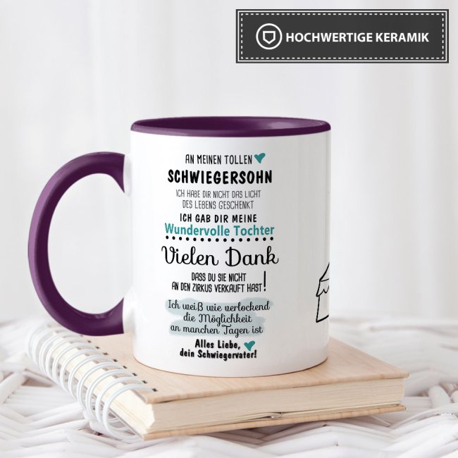 Tasse "Zirkus - an Schwiegersohn von Schwiegervater" Innen &amp; Henkel Violett