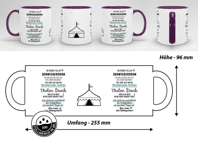 Tasse "Zirkus - an Schwiegersohn von Schwiegervater" Innen &amp; Henkel Violett