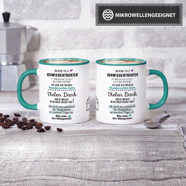 Tasse "Zirkus - an Schwiegertochter von Schwiegervater" Innen &amp; Henkel T&uuml;rkis