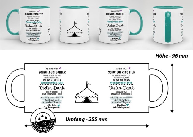 Tasse "Zirkus - an Schwiegertochter von Schwiegervater" Innen &amp; Henkel T&uuml;rkis